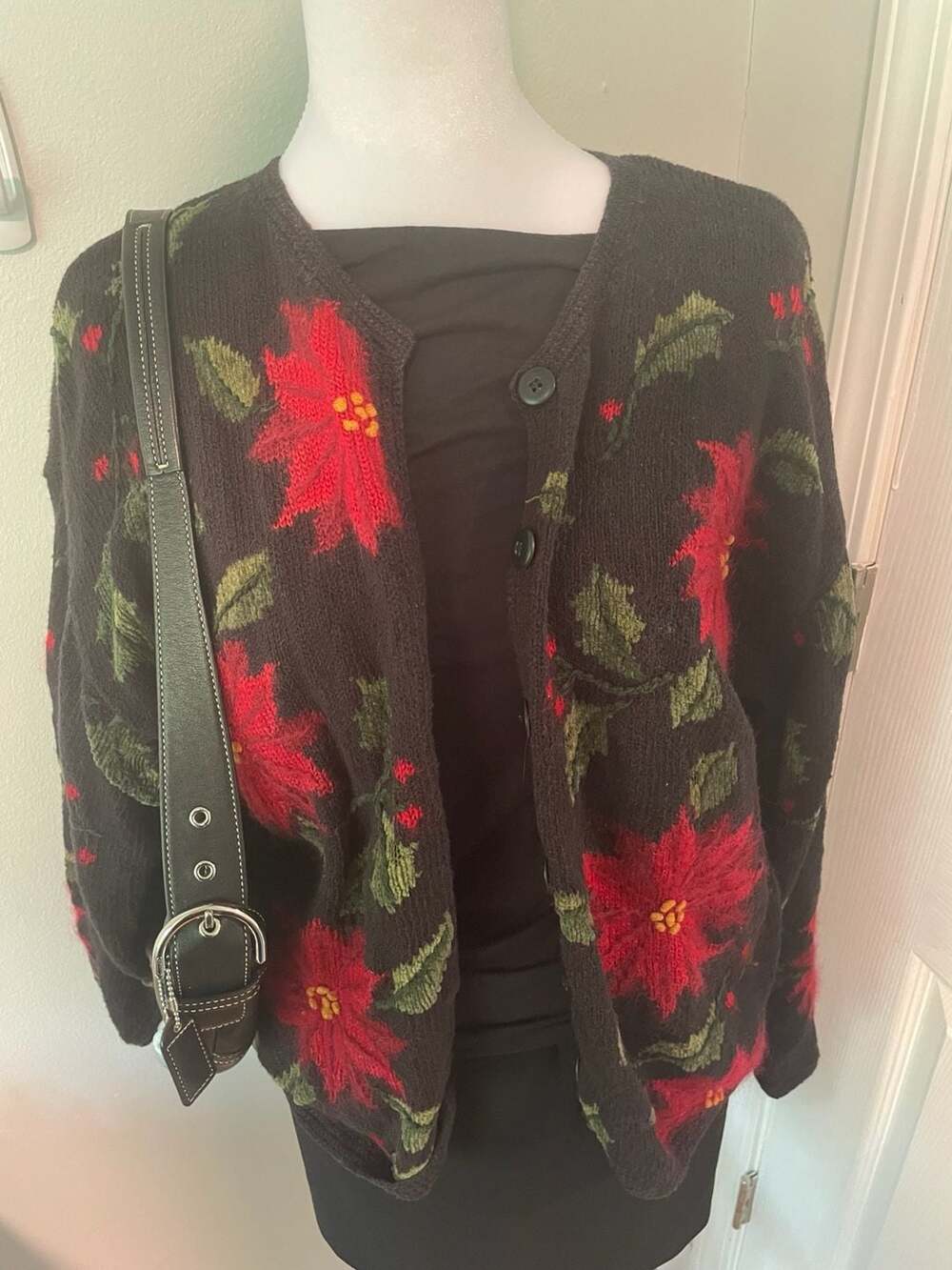 Talbots Petites Poinsettia Christmas Cardigan Sweater